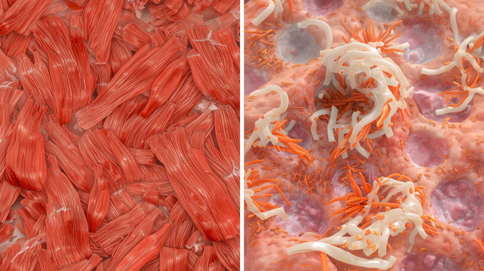 A comparison showing Sarcopenia, where healthy muscle is replaced by fat and shrinks with age.