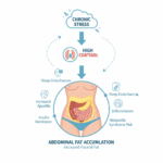 A diagram showing the link between chronic stress, high cortisol, and the accumulation of abdominal fat.