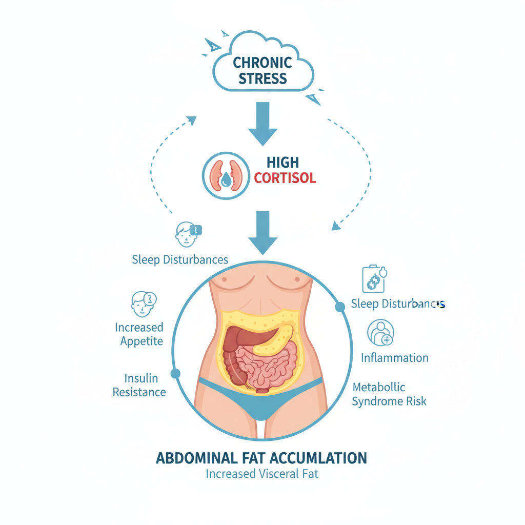 A diagram showing the link between chronic stress, high cortisol, and the accumulation of abdominal fat.