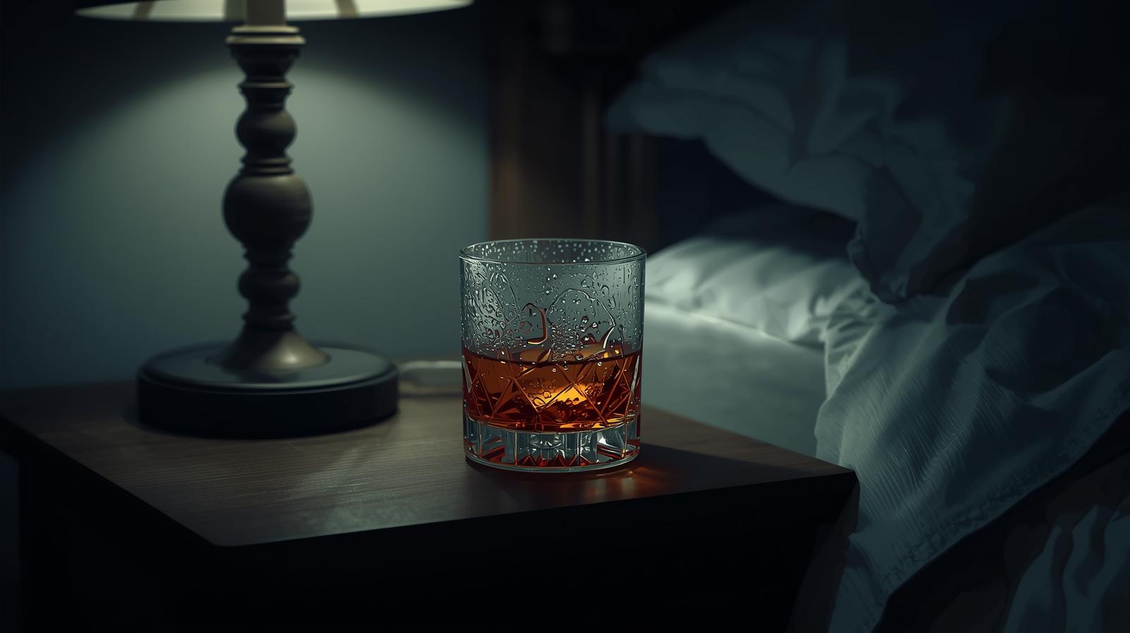 A glass of alcohol next to a bed, symbolizing how drinking, especially at night, disrupts sleep quality