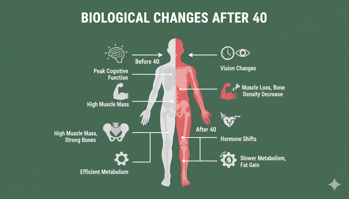 A graphic illustrating the biological body changes that begin in one's 40s.