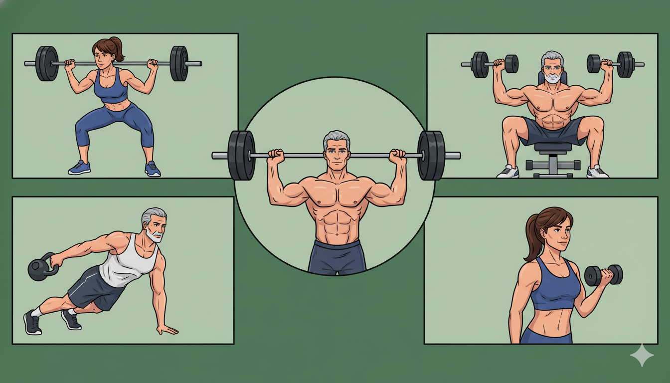 A montage of people in their 40s engaging in strength training, looking healthy and capable. 16:10 view illustration style.