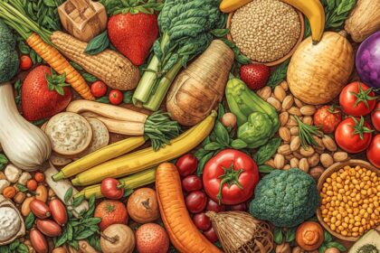A selection of healthy, high-fiber, complex carbohydrates that are beneficial for a 40s-something's diet.
