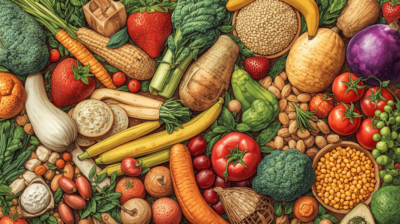 A selection of healthy, high-fiber, complex carbohydrates that are beneficial for a 40s-something's diet.