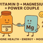 A graphic showing that Vitamin D and Magnesium work together as a "power couple" to support bone health, energy, and mood
