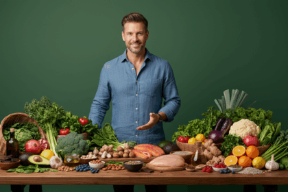 A man in his 40s surrounded by healthy foods that support testosterone, vitality, and prostate health
