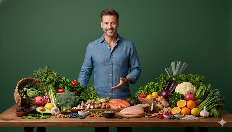 A man in his 40s surrounded by healthy foods that support testosterone, vitality, and prostate health