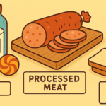 A collection of inflammatory foods to avoid in your 40s, including sugar, processed meat, and refined grains