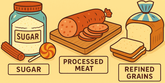 A collection of inflammatory foods to avoid in your 40s, including sugar, processed meat, and refined grains