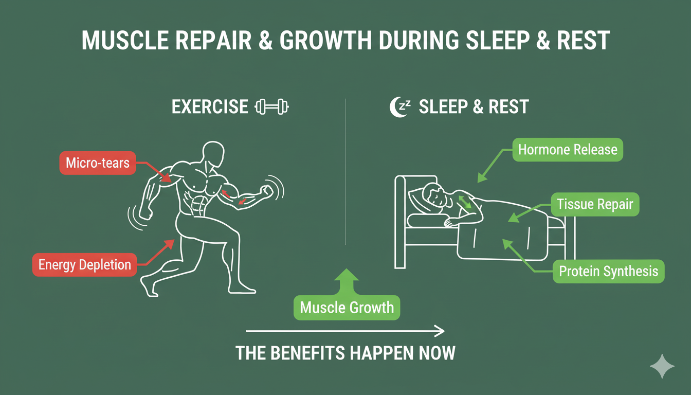 A graphic illustrating that muscle repair and growth, the benefits of exercise, happen during sleep and rest.