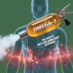 An Omega-3 supplement capsule shown as a "fire extinguisher" for inflammation in the body.