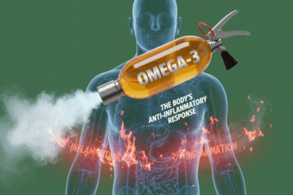 An Omega-3 supplement capsule shown as a "fire extinguisher" for inflammation in the body.