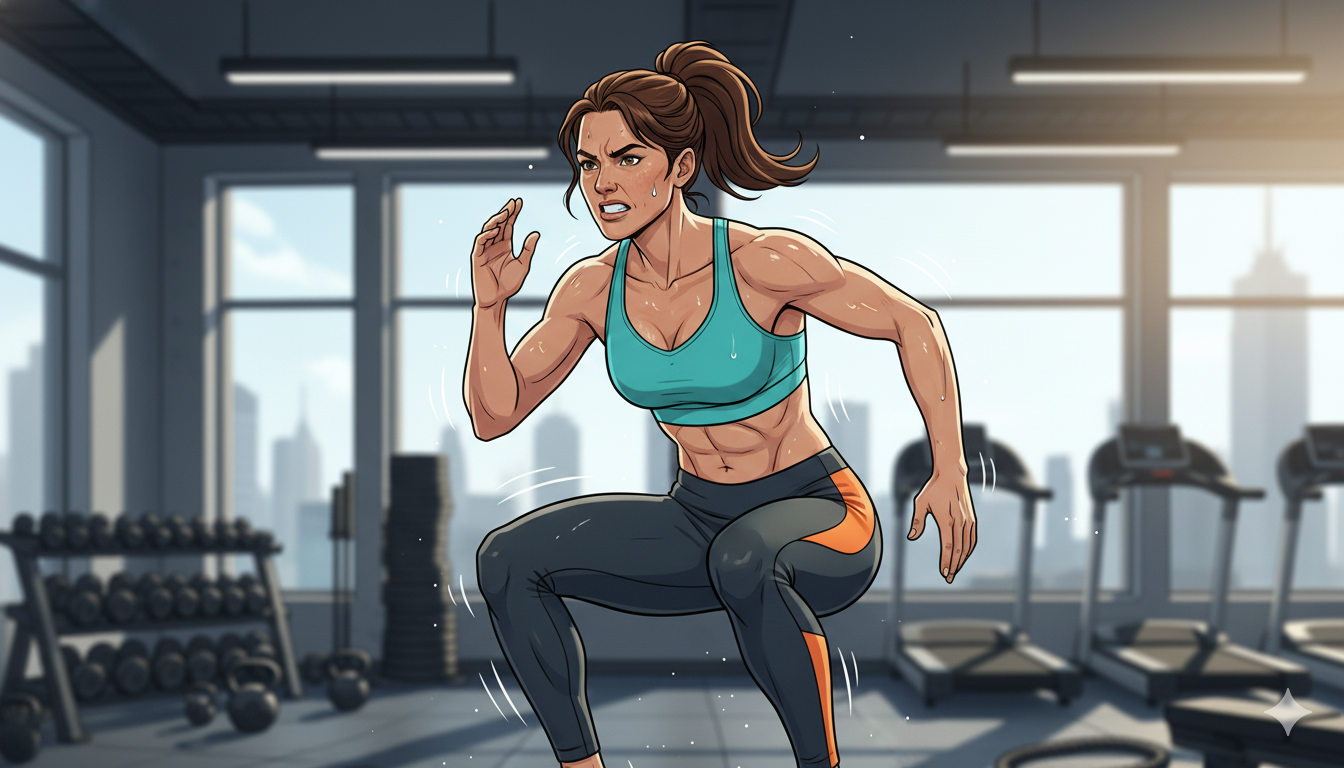 A 40-something athlete performing a high-intensity interval workout, showing focused effort.
