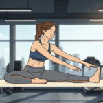 A 40-something person performing a 'hip-opener' stretch, demonstrating good joint mobility and flexibility.
