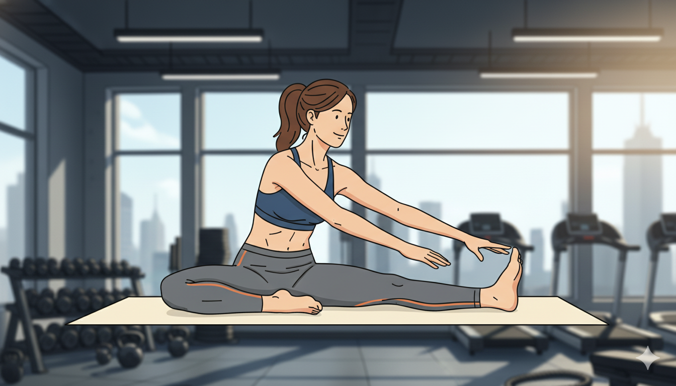 A 40-something person performing a 'hip-opener' stretch, demonstrating good joint mobility and flexibility.