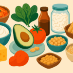 A variety of probiotic and prebiotic foods that are essential for supporting the gut microbiome in your 40s.