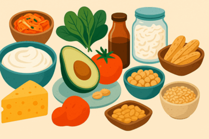 A variety of probiotic and prebiotic foods that are essential for supporting the gut microbiome in your 40s.