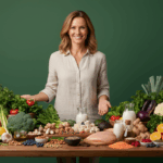 A 40-something woman thriving, surrounded by key foods and nutrients for perimenopause like iron, calcium, and phytoestrogens